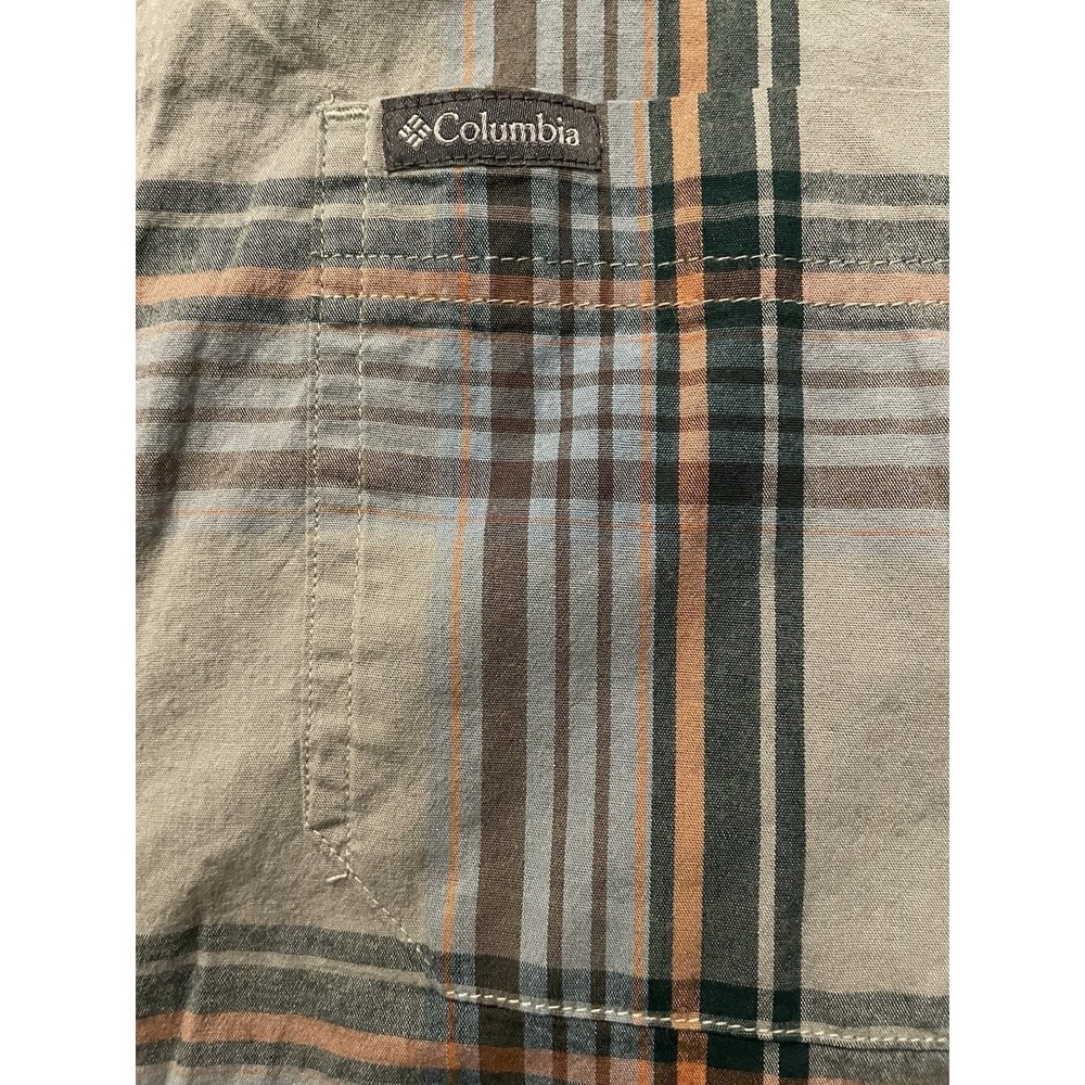 Columbia Short Sleeve Button Down Shirt Green Orange Blue Plaid Logo Medium JBHS - Picture 3 of 9